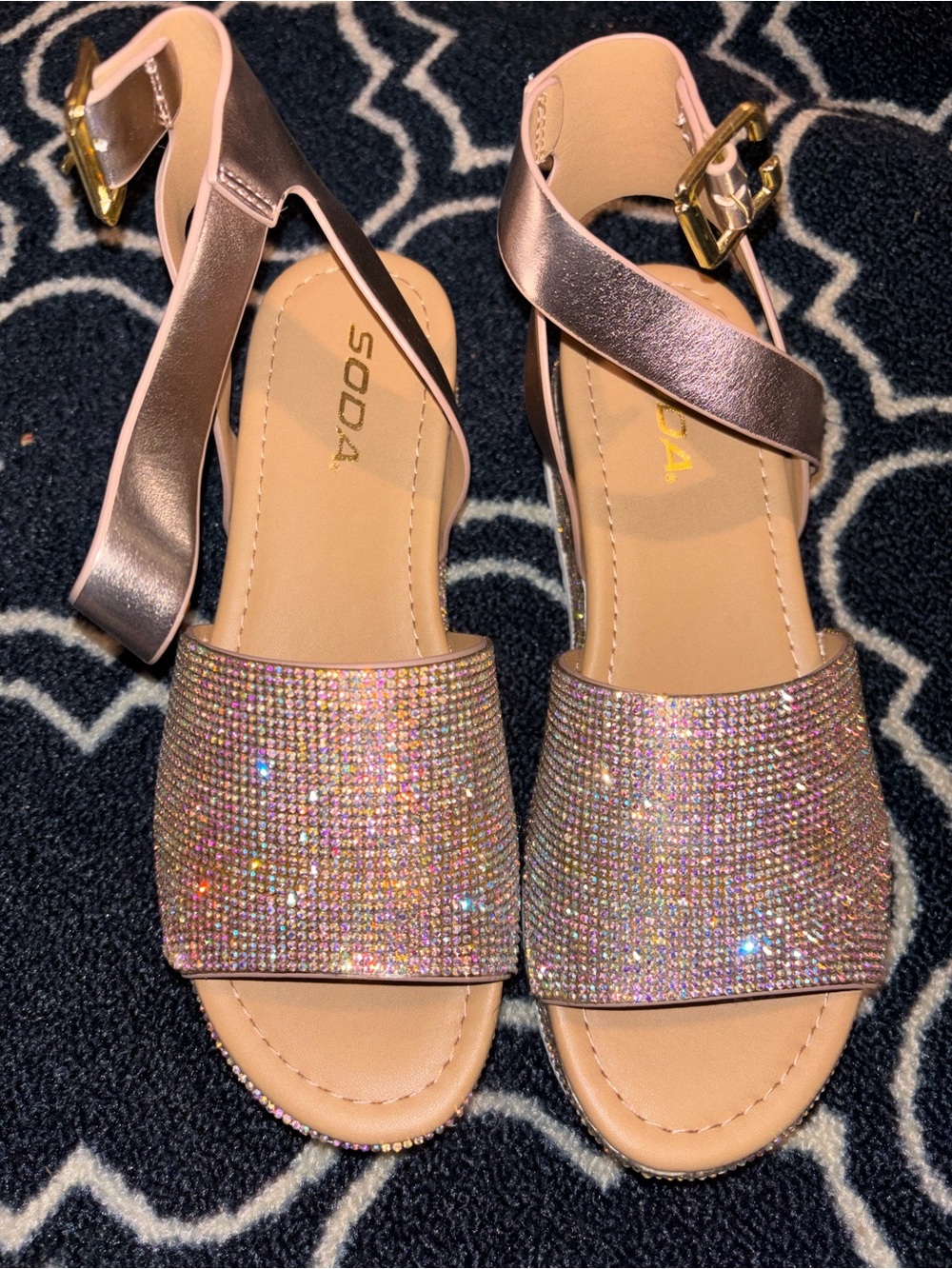 SODA Women's Rose Gold Sparkle Ankle-Strap Wedge Sandals